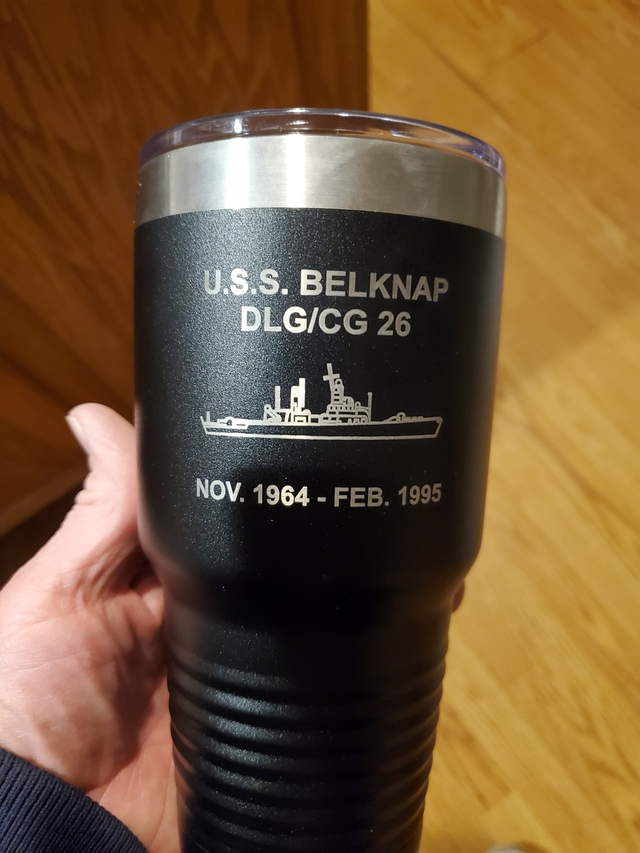 Engraved USS Belknap tumbler