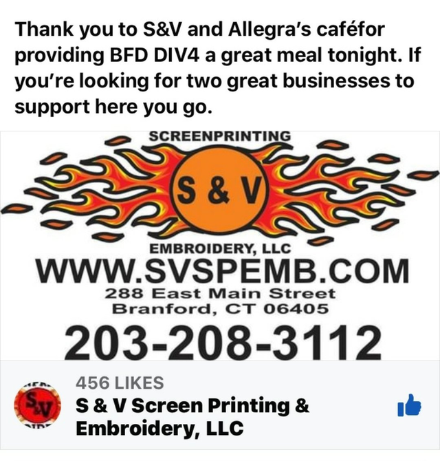 Thank-you post from BFD Division 4 with the S & V logo, address and phone number